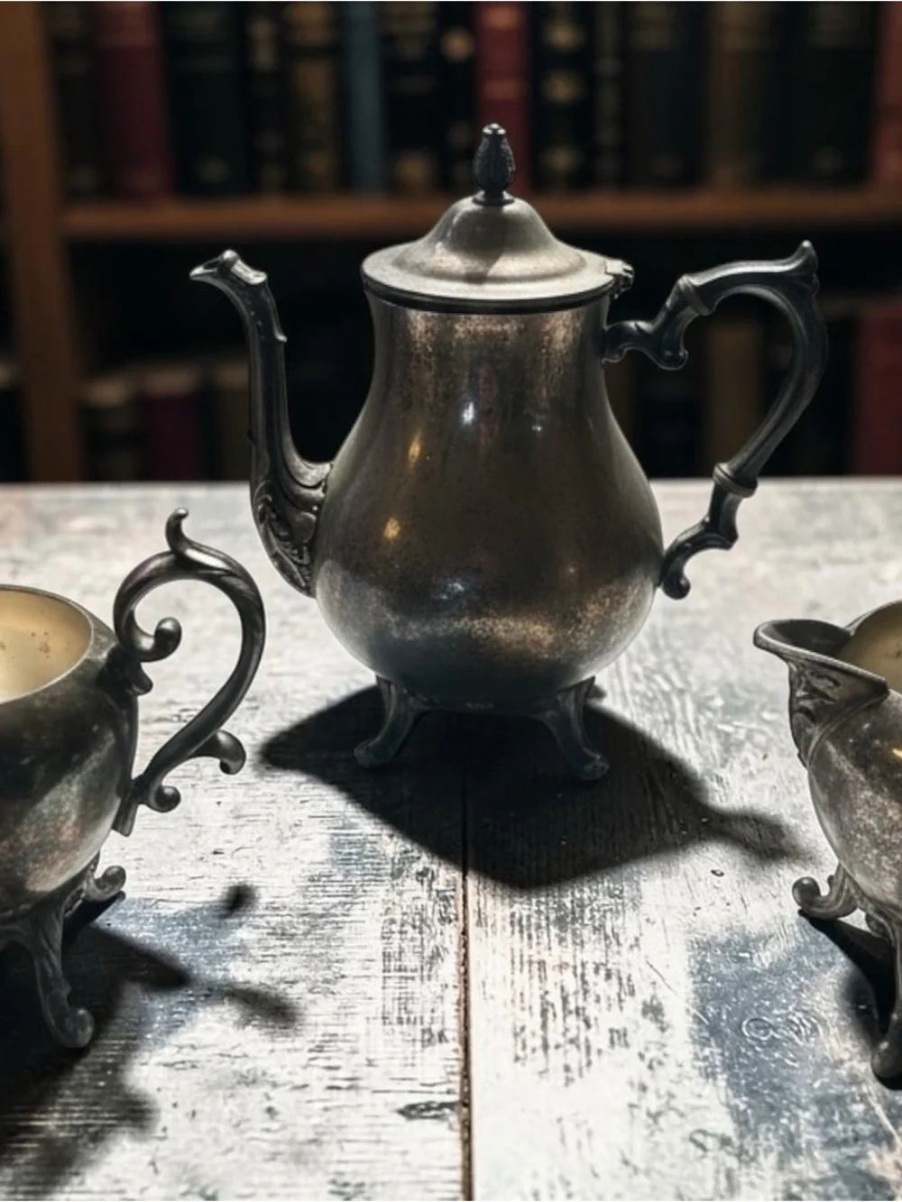 Vintage Gothic Silver Tea Set 3pc Tarnished BSC Silver on Copper Dark Academia